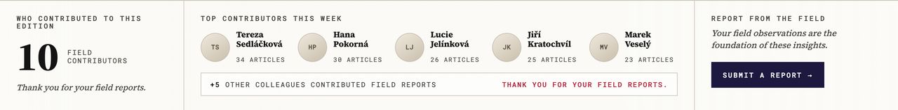 The recognition footer — field reps credited by name in the weekly edition